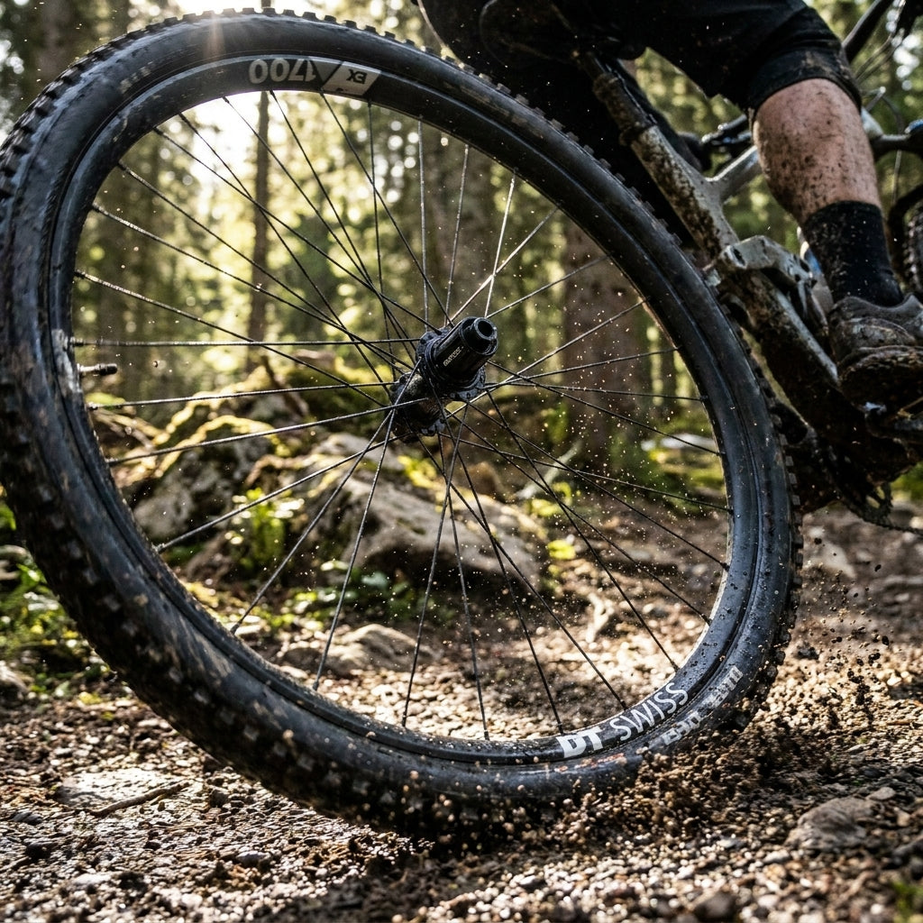 DT SWISS EX 1700 Mountainbike-Hinterrad, schmutzig im Einsatz auf Waldweg, Dreck spritzt vom Reifen.