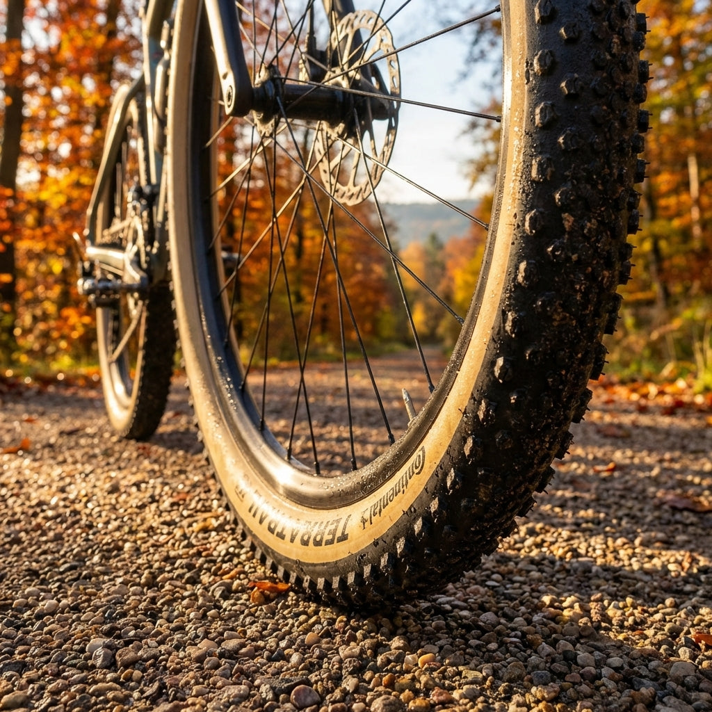 Continental Terra Trail Fahrradreifen schwarz/creme auf Schotterweg im Herbst.