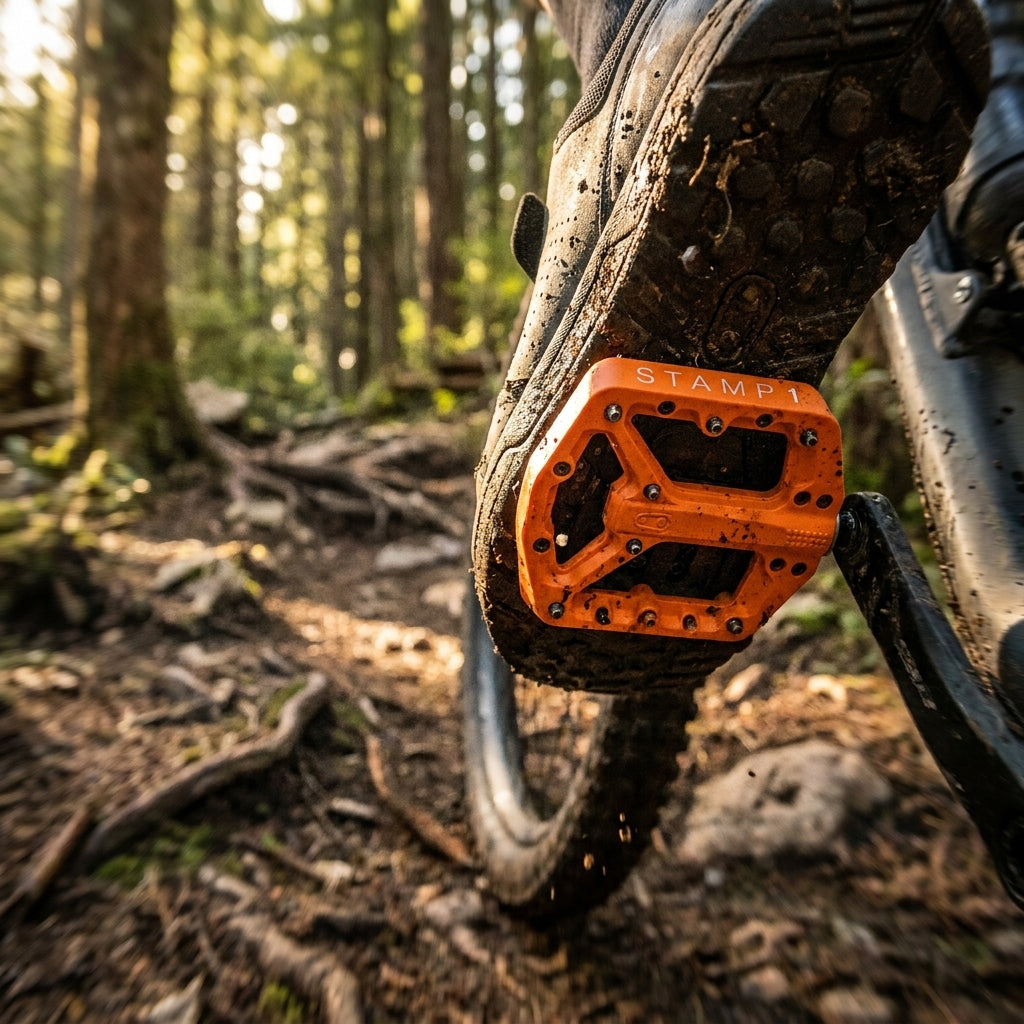 Crankbrothers Stamp 1 Gen 2 Plattform-Pedal orange. Mountainbike-Pedal für Trail und All-Mountain mit Top-Grip.