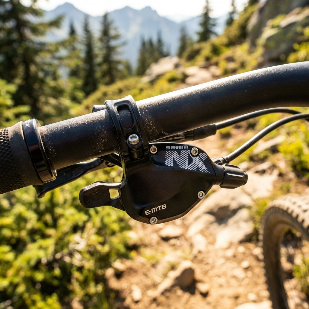 SRAM Trigger NX-E Eagle 12-fach Single Click E-MTB Schalthebel schwarz am MTB-Lenker auf Trail.