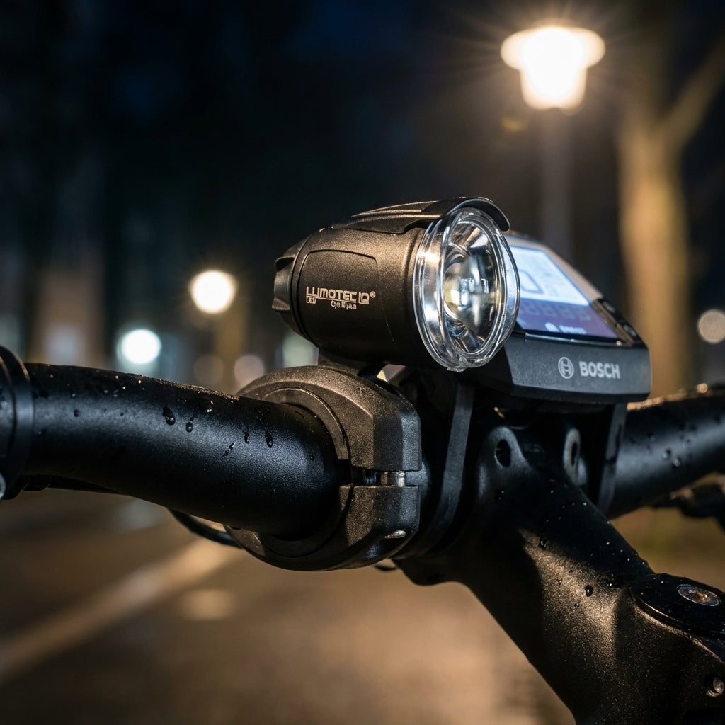 Busch&Müller Lenker-Lampenhalter für Dynamo-Scheinwerfer StVZO, montiert auf Fahrradlenker bei Nacht.