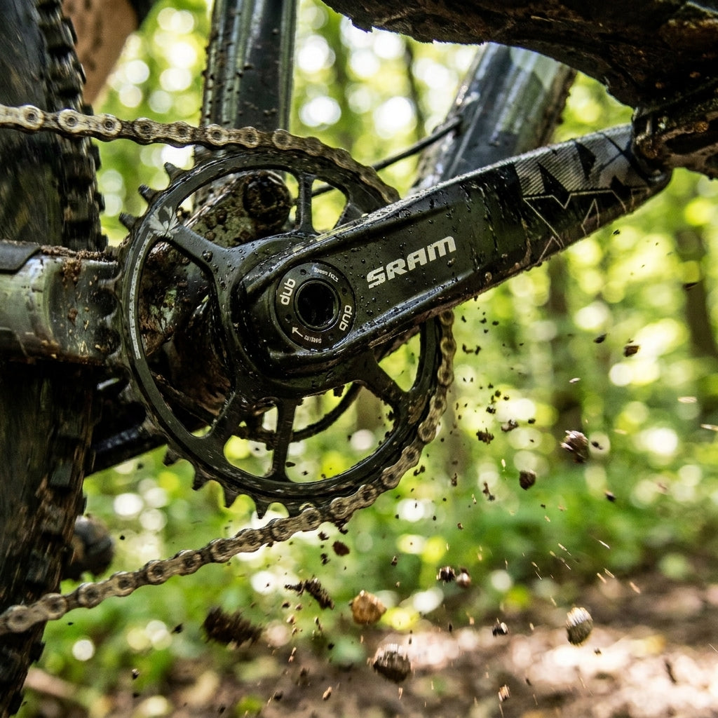 SRAM NX Eagle DUB Kurbelgarnitur 170mm 32T im MTB-Einsatz, Schmutz spritzt. Robuste 1x12 Performance.
