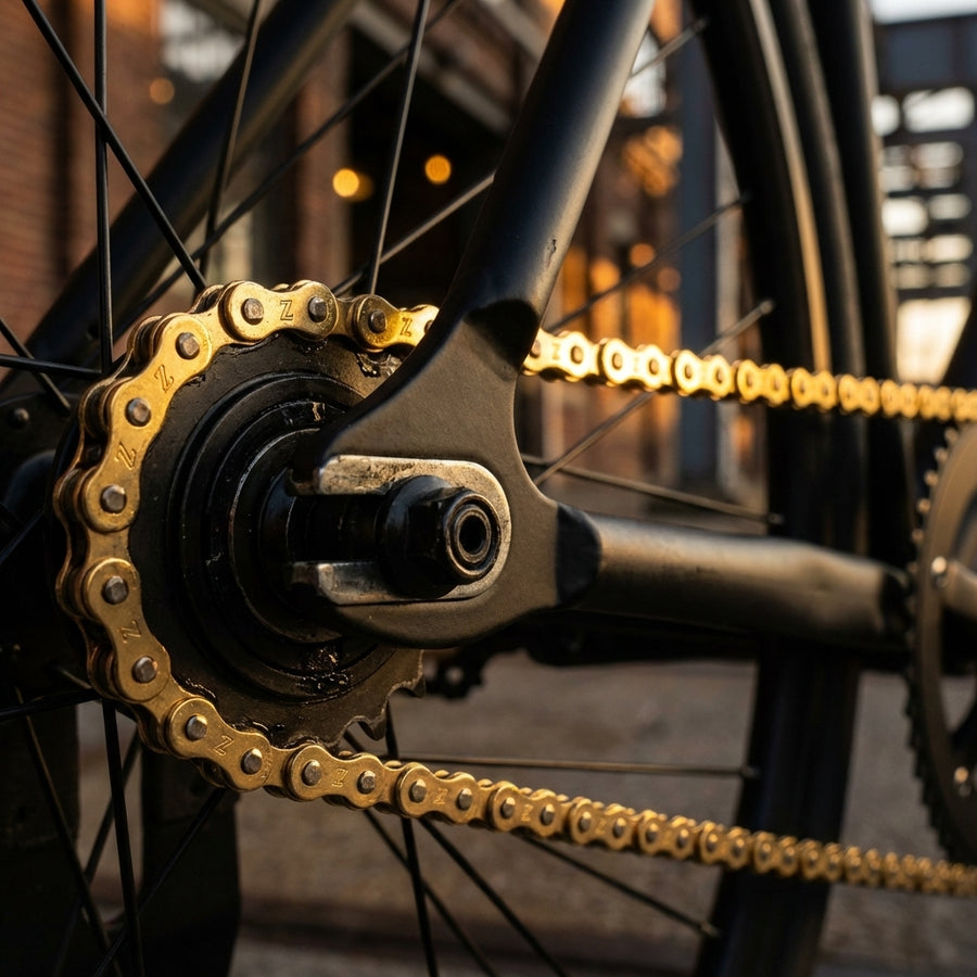 Goldene KMC Z1 Wide Singlespeed Fahrradkette 1/2 x 1/8 Zoll auf schwarzem Ritzel in einer Nahaufnahme.