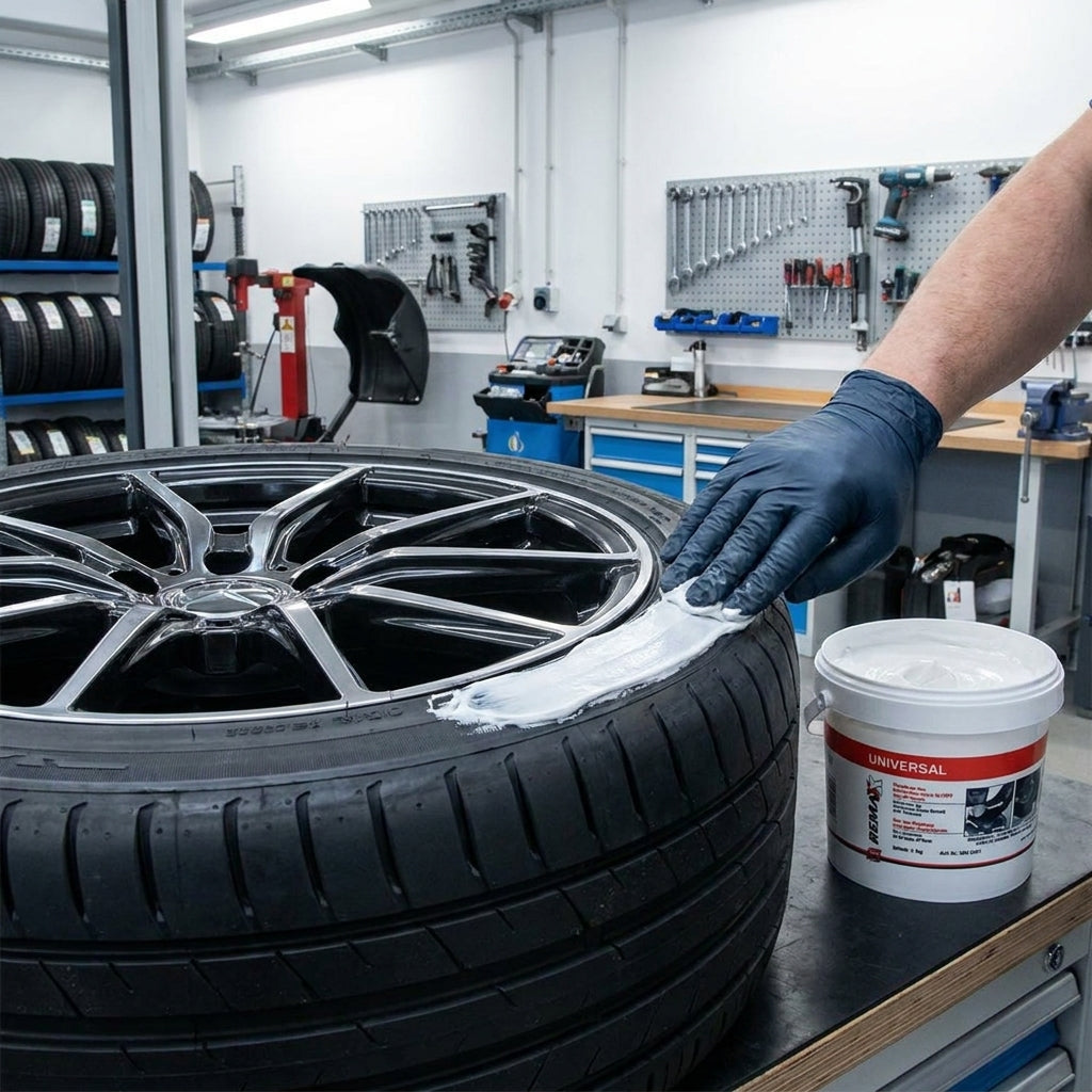 Eine Hand trägt Tip Top Rema Tip Top Reifen-Montagepaste auf einen Autoreifen und Felge auf.