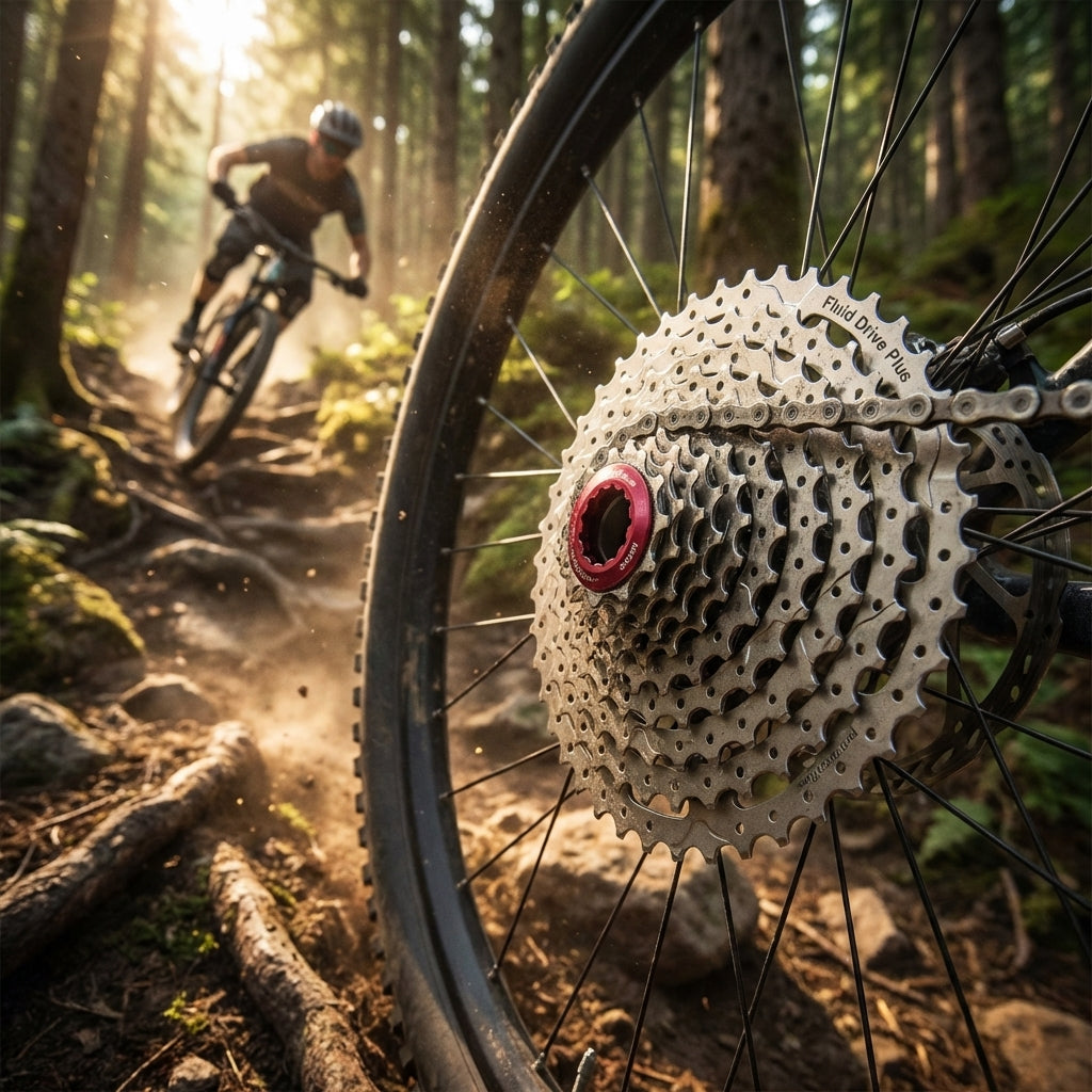 SunRace Kassette CSMX3 TAZ 10-fach Wide Ratio 11-46 Fluid Drive Plus am Mountainbike-Rad mit Biker im Wald.