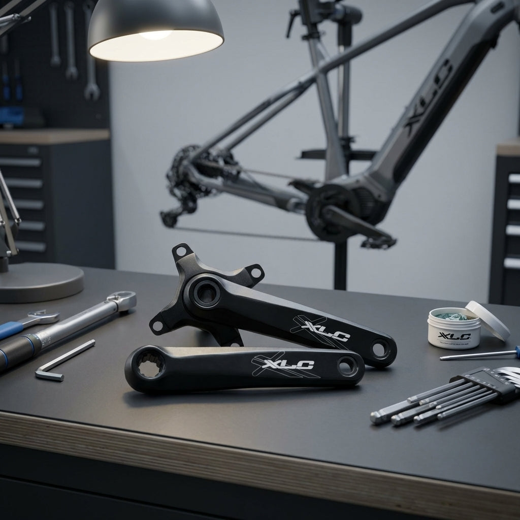 XLC Kurbelset CR-E01 schwarz 175mm für Bosch E-Bike Systeme auf Werkbank mit Werkzeug.
