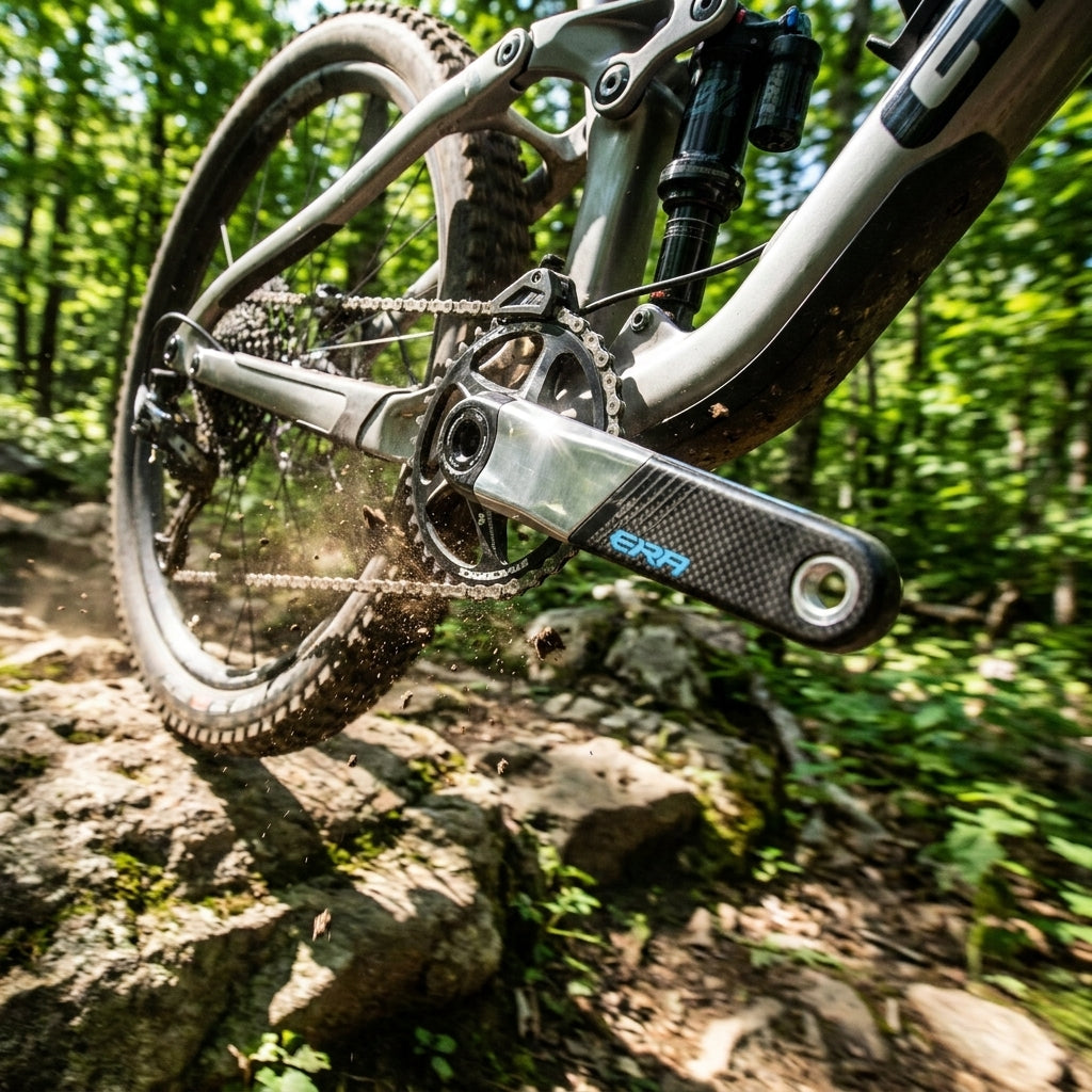 Race Face Era Carbon Kurbel blau am steifen High-Performance MTB auf Felsen, Schmutz spritzt.