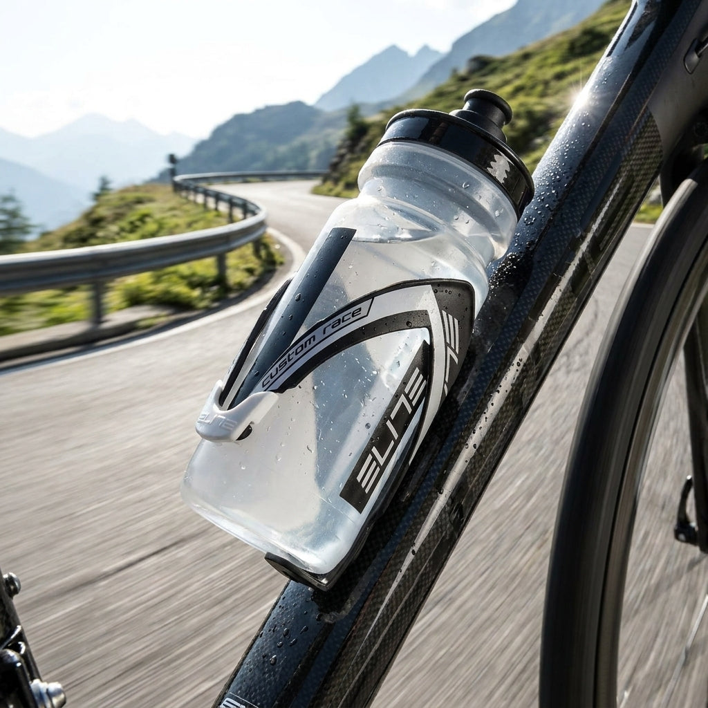 ELITE Custom Race Flaschenhalter schwarz/weiß matt mit Wasserflasche am Fahrrad auf kurviger Bergstraße.