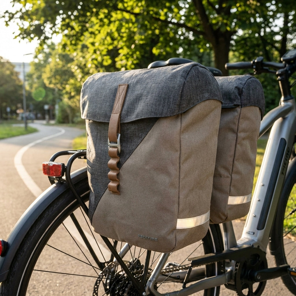 Racktime Heda Doppeltasche in Sand-Grau am E-Bike Gepäckträger mit Snapit Adapter System.