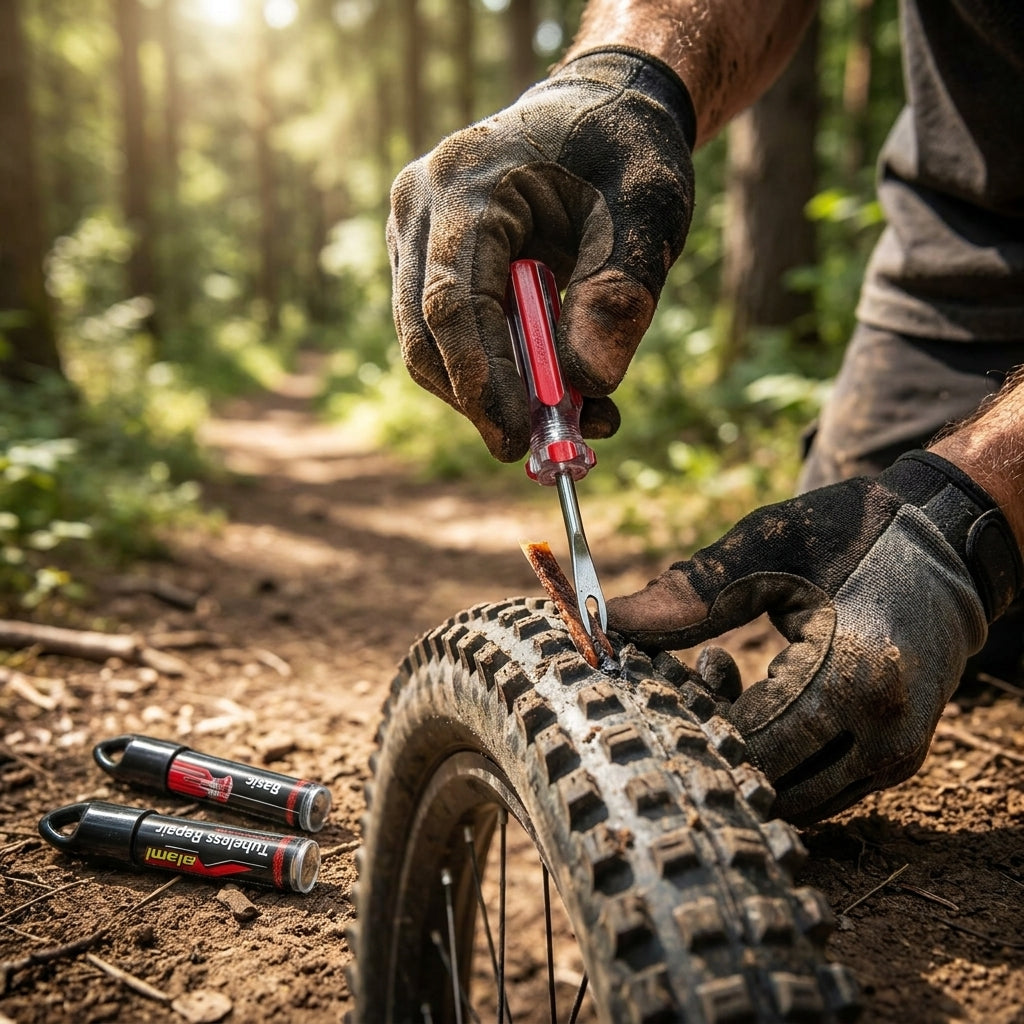 MaXalami Basic Tube Reparatur Set: Werkzeug und Flickstreifen für schnelle Tubeless-Reifenpannenreparatur am Fahrrad.