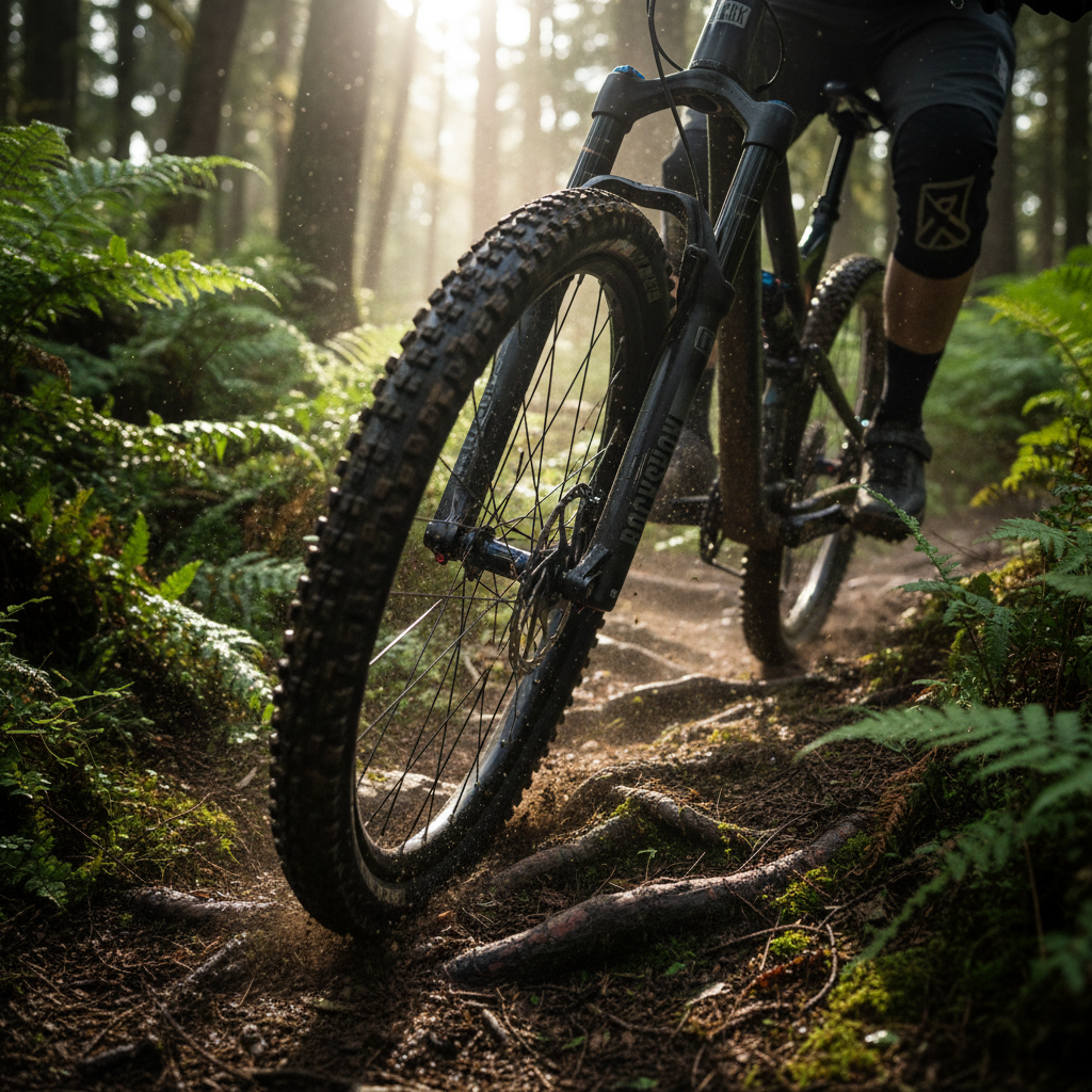 RockShox Judy Gold RL Federgabel schwarz am Mountainbike auf sonnigem Waldweg mit Wurzeln.