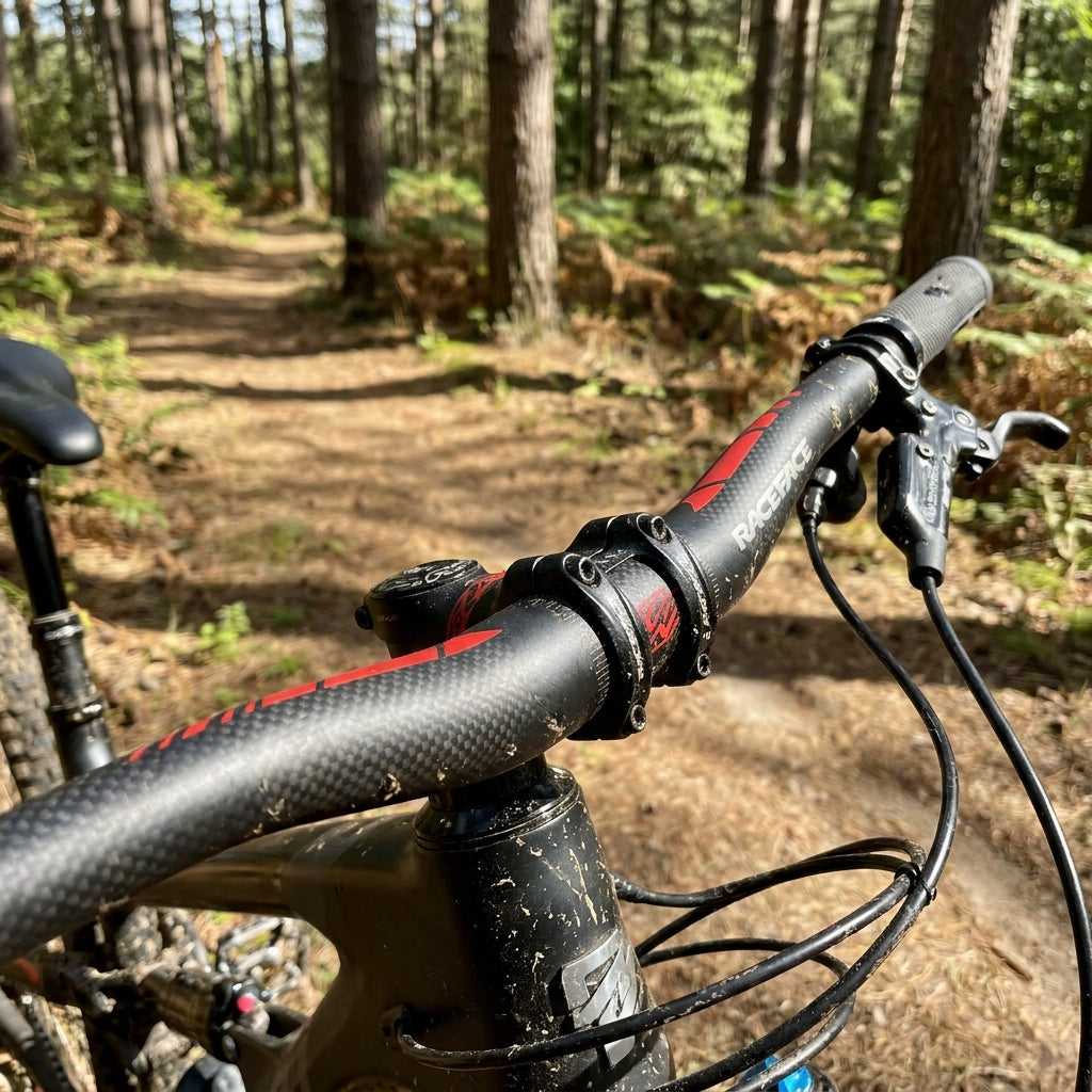 Race Face Era Carbon Riser Lenker rot/schwarz am Mountainbike. Präzise Kontrolle, geringes Gewicht für technische Trails.