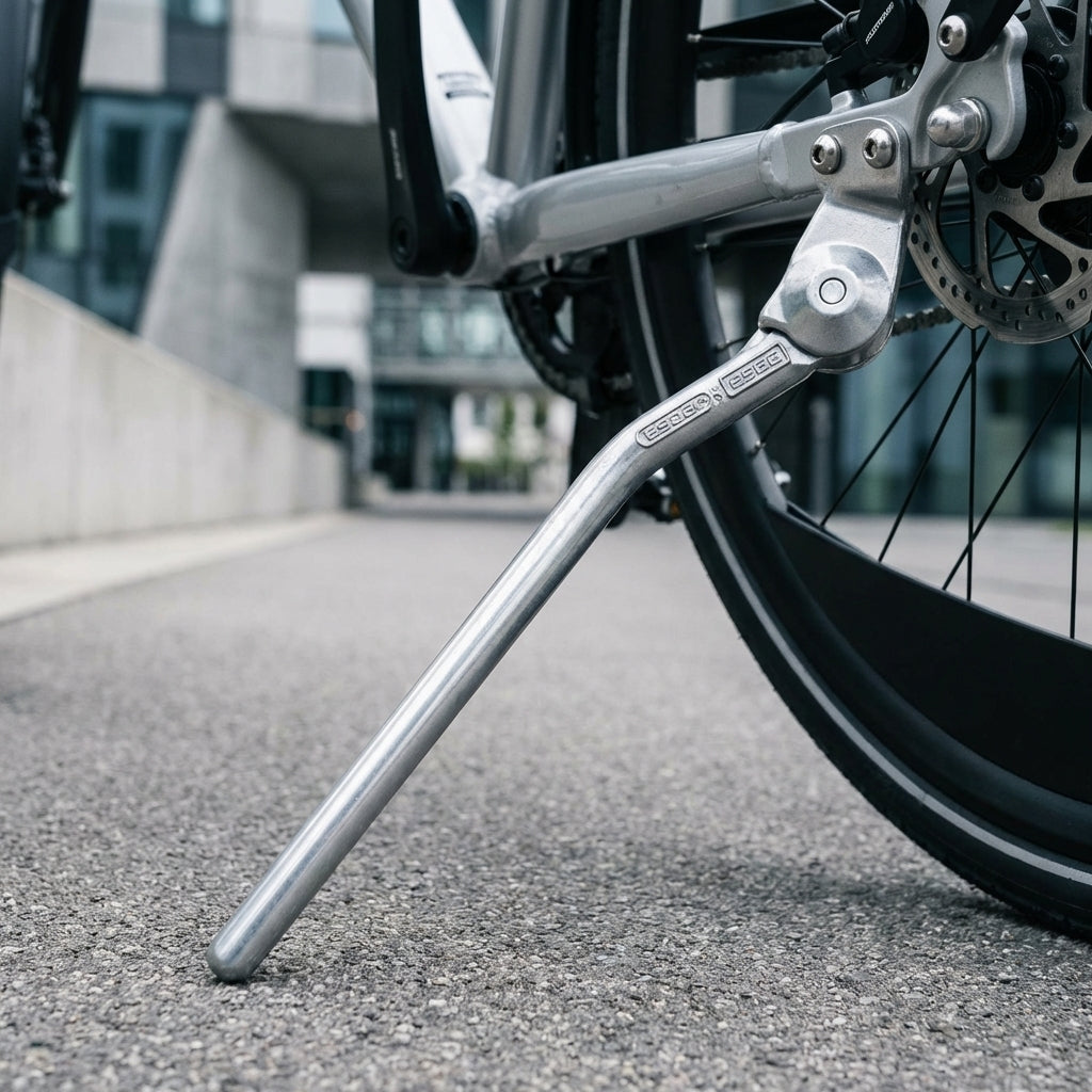 Esge Seitenständer 28 Zoll silber am Fahrrad auf Asphalt aufgestellt.