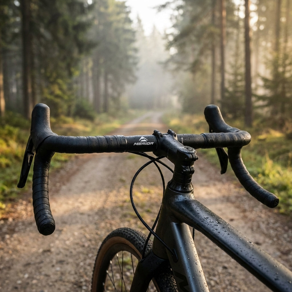 Merida EXPERT GR Gravel-Lenker 440mm aus schwarzem Aluminium mit 12 Grad Flare für maximale Kontrolle im Gelände.