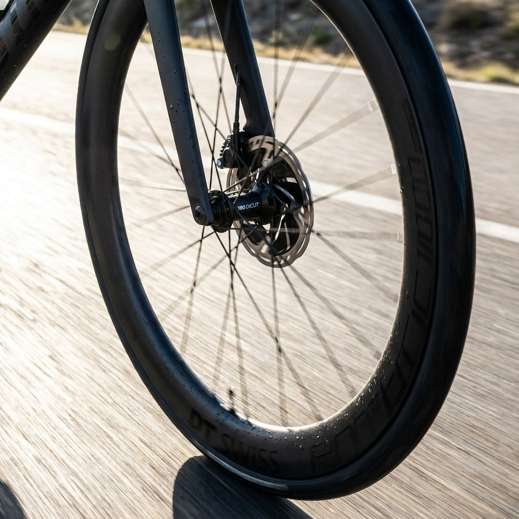 Aerodynamisches schwarzes DT Swiss ARC 1100 Dicut Carbon Rennrad-Laufrad mit Scheibenbremse in Fahrt.