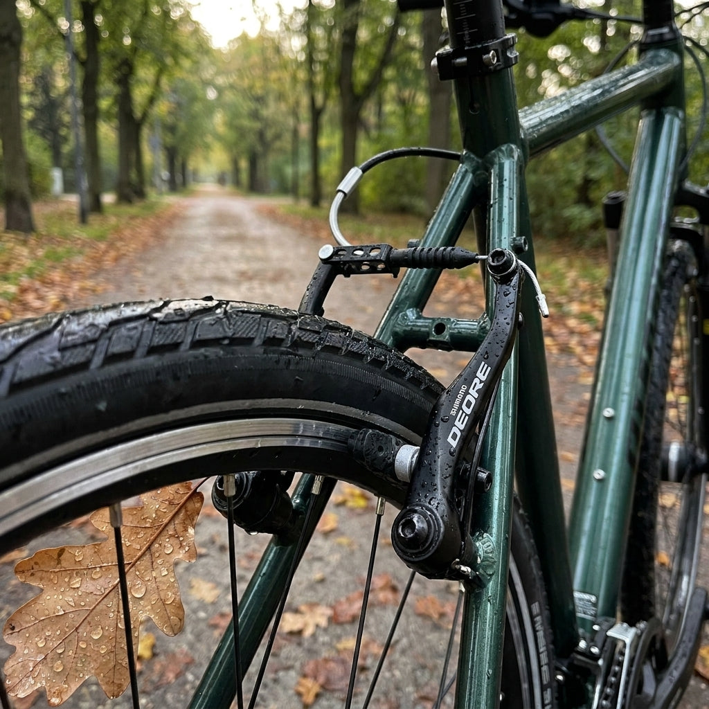 SHIMANO DEORE V-Brake am nassen Trekking-Fahrrad-Hinterrad im Herbstwald mit feuchtem Eichenblatt.