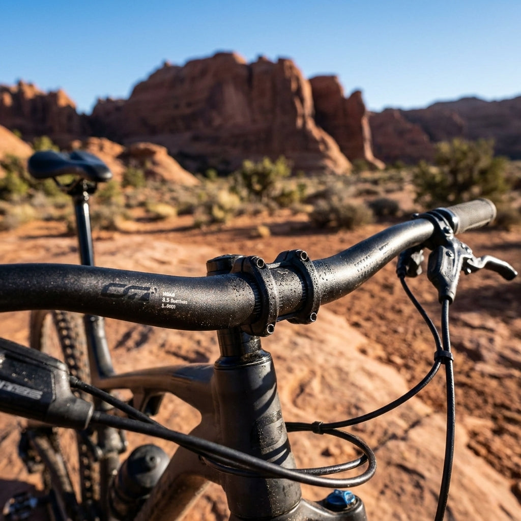 Contec Lenker Moab schwarz auf Mountainbike mit Wassertropfen vor sonniger roter Wüstenlandschaft.