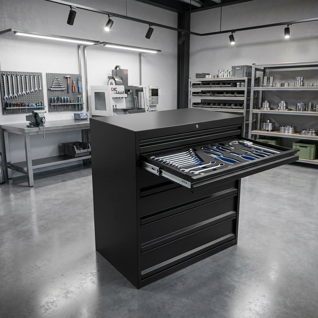 Unior Schubladenschrank 991HD-BLACK, hochbelastbarer schwarzer Werkstattschrank aus Stahl mit sechs Schubladen für Industrie und Handwerk.