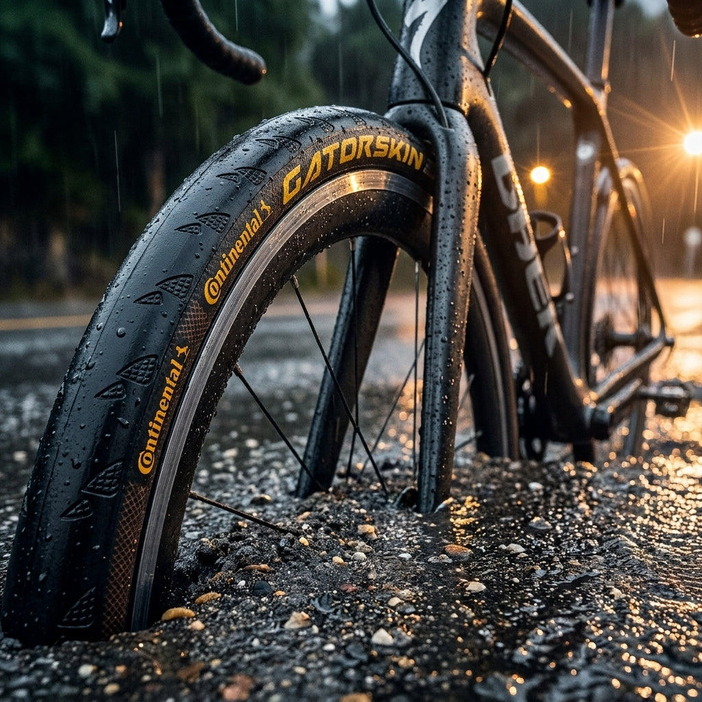 Continental Gatorskin Reifen 28x0.90" schwarz Draht am Rad im Regen auf nassem Untergrund.