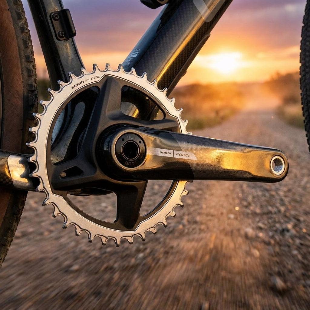 SRAM Force AXS Kurbelgarnitur 40T 1x12 für Rennrad & Gravel auf Schotterweg im Sonnenuntergang.