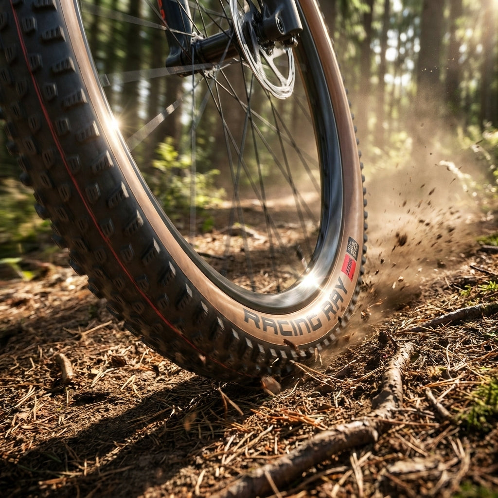 Schwalbe Racing Ray Mountainbike-Reifen schwarz/braun auf Waldpfad, wirbelt Erde auf.