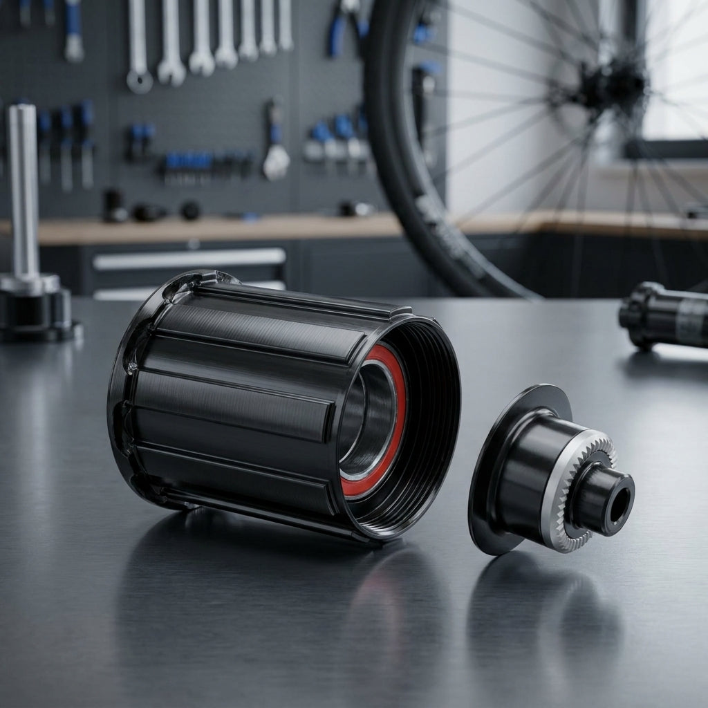 DT Swiss Freilauf-Umrüstkit Shimano 3-Klinken 12x142mm Schwarz, zerlegt in Fahrradwerkstatt.