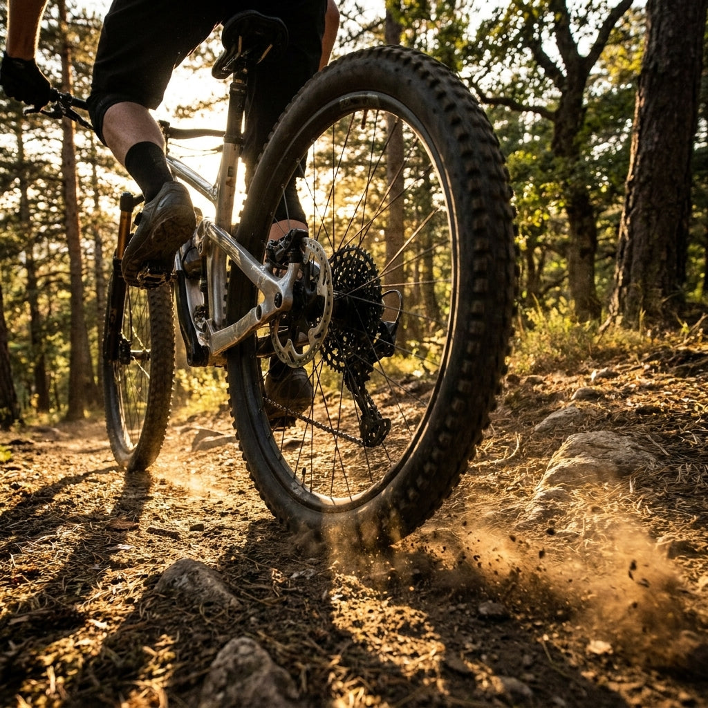 SHIMANO Scheibenbremsbeläge H03A-RF: Mountainbike auf staubigem Trail, Hinterrad wirft Staub auf. Leise Bremsbeläge.