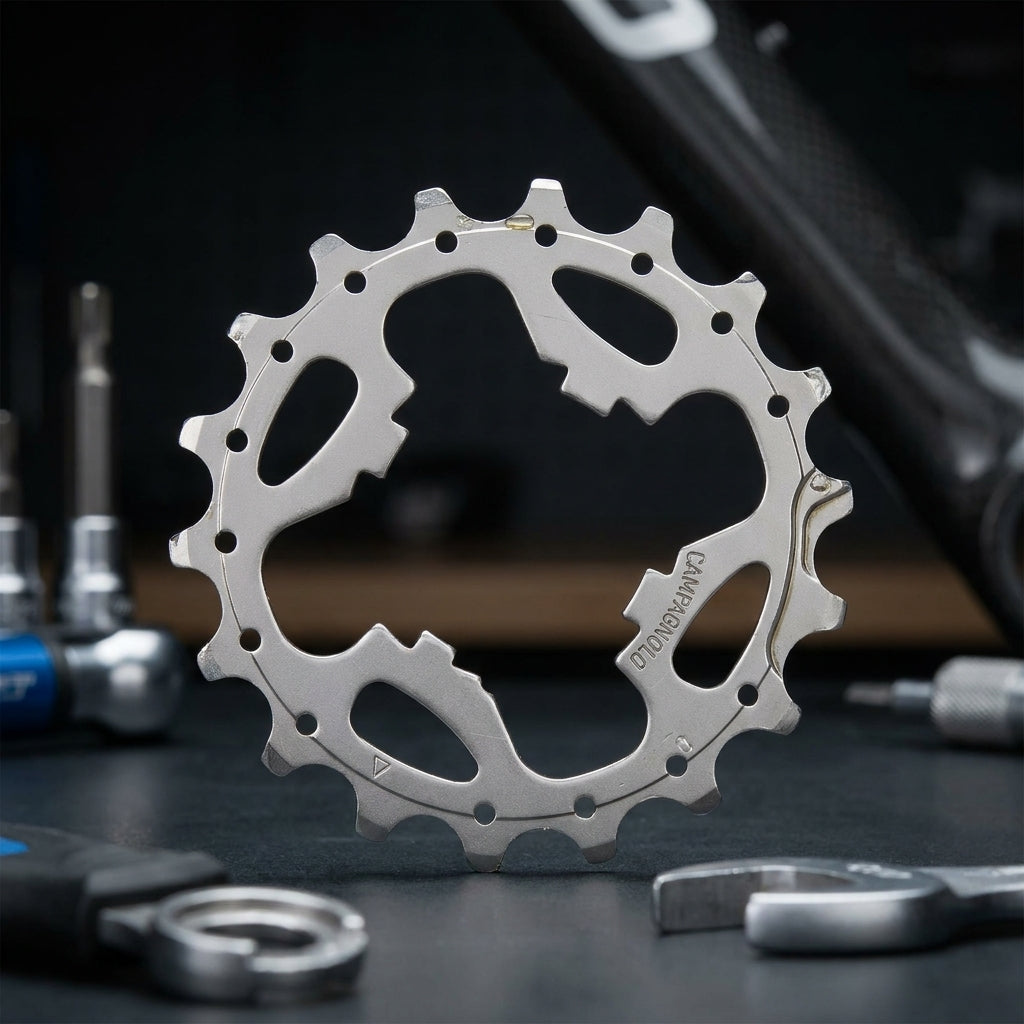 Silberner Campagnolo Zahnkranz 13 Zähne 11-fach Centaur, umgeben von Werkzeugen auf schwarzem Hintergrund.