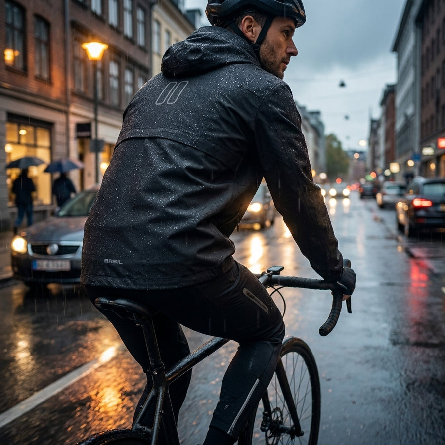 Basil Hoga Unisex Fahrrad Regenjacke jet black, reflektierend, getragen von Radfahrer im Regen.
