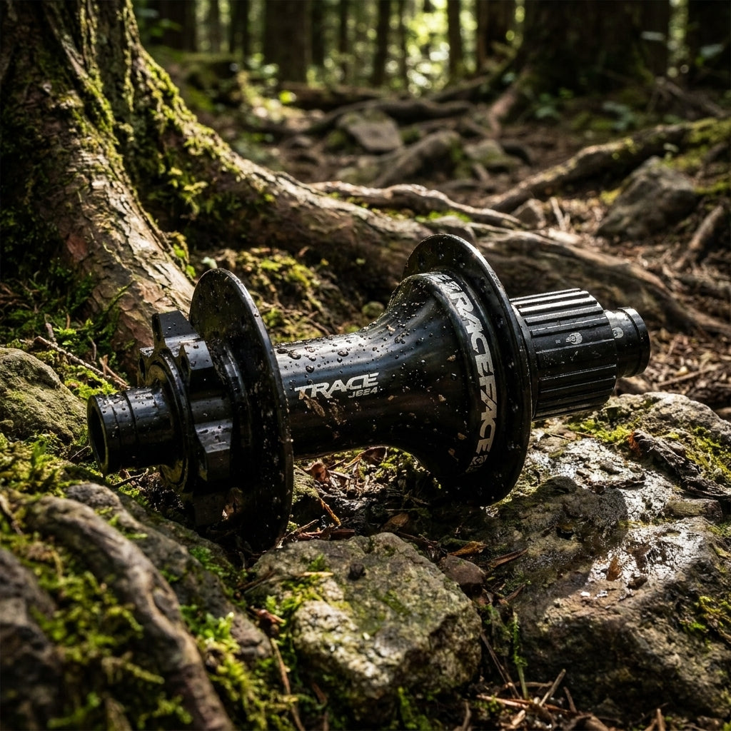 Schwarze Race Face Trace Hinterradnabe (SRAM XD, 157x12mm) auf moosigen Steinen im Wald, robust und wasserbesprenkelt.