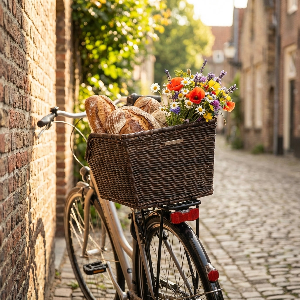 Basil Cento brauner Rattan-Hinterradkorb am Fahrrad gefüllt mit Brot und bunten Blumen auf Kopfsteinpflaster.