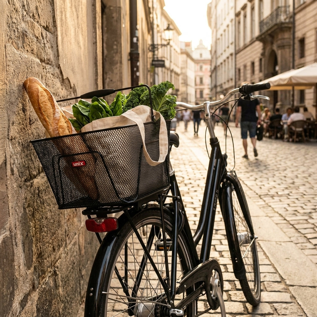 Unix Hinterradkorb Reano TopKlip schwarz am Fahrrad mit Baguette und Gemüse auf Kopfsteinpflaster.
