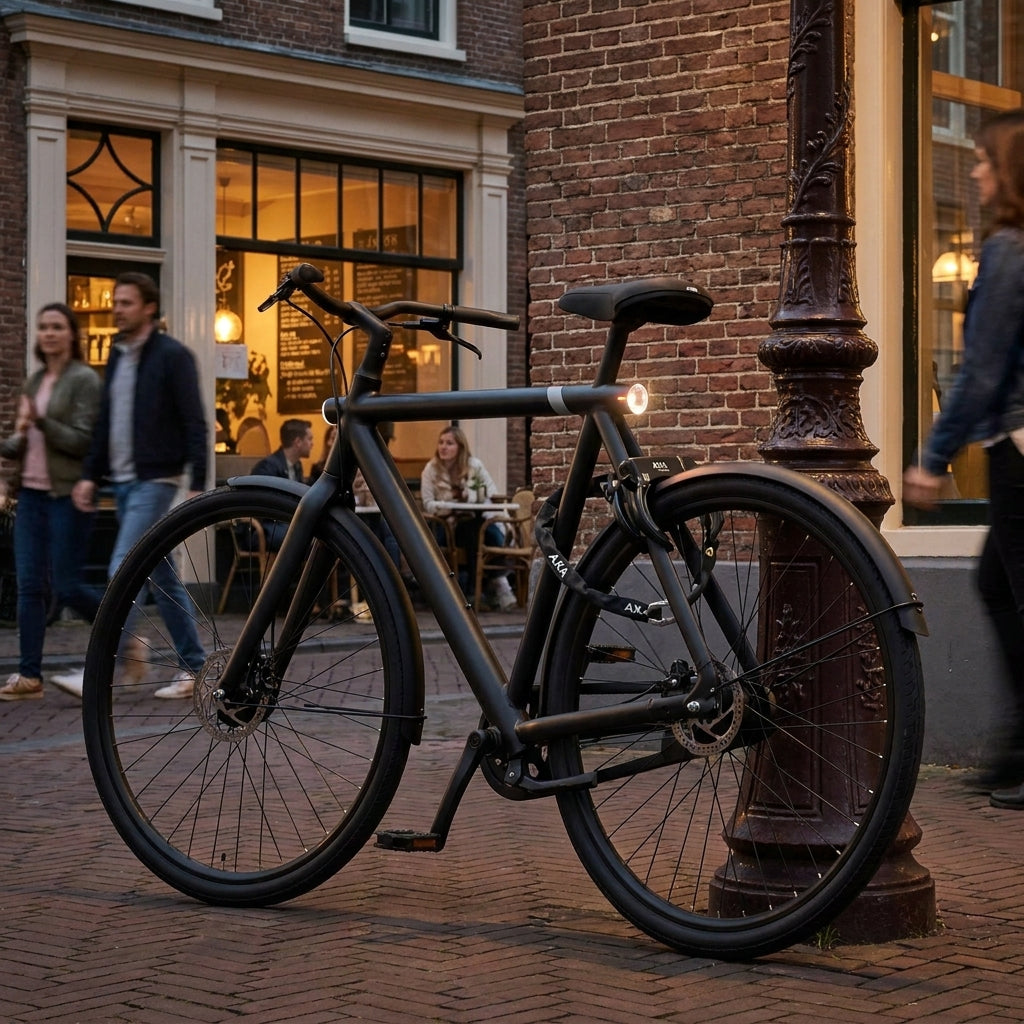 Schwarzes Fahrrad mit Axa Solid Plus Rahmenschloss und Newton PL150 Kette sicher am Laternenpfahl befestigt.