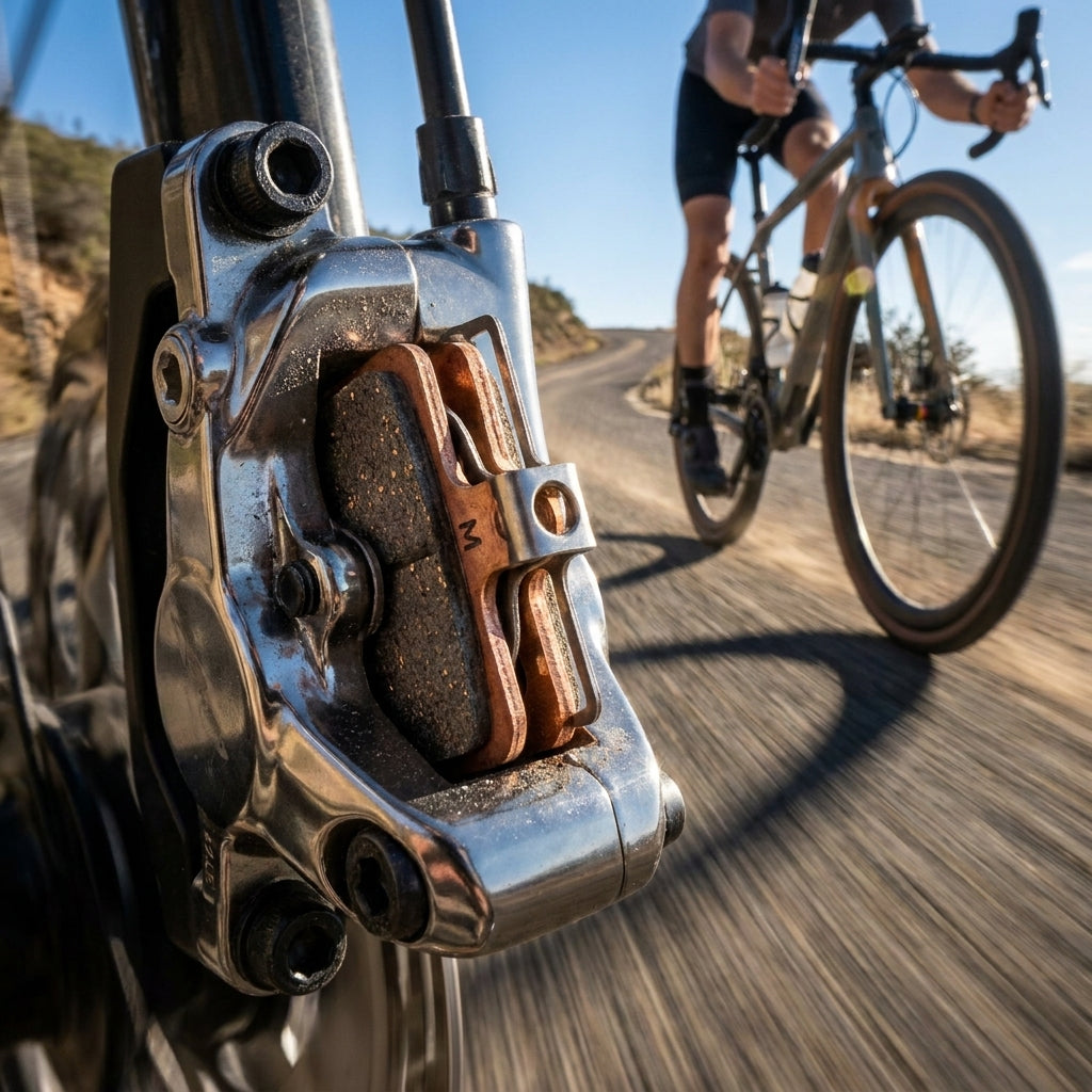 Nahaufnahme Avid Scheibenbremsbeläge organisch/Stahl im Bremssattel, Radfahrer auf Gravelbike im Hintergrund.