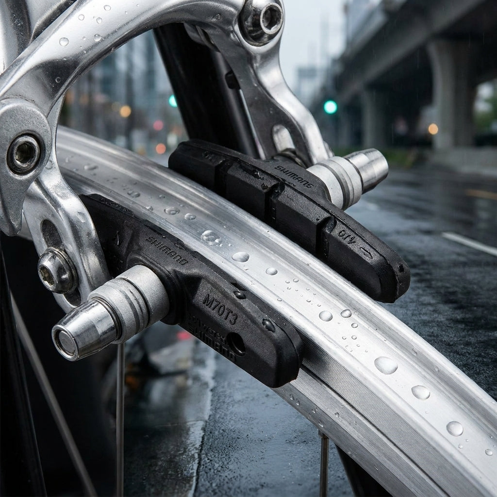 SHIMANO M70T3 Cartridge-Bremsschuhe für Alufelge am nassen Fahrrad im Regen.