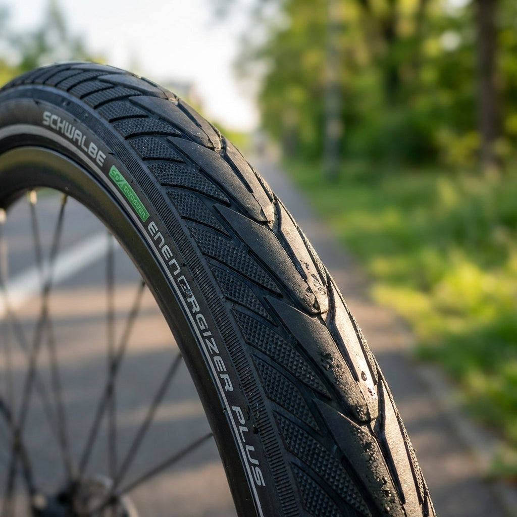 Schwalbe ENERGIZER PLUS Fahrradreifen mit E-50 GreenGuard und Profil auf Radweg.