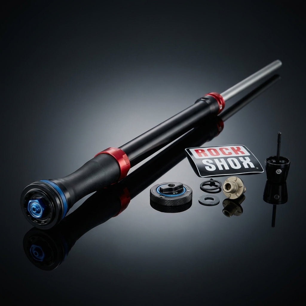 RockShox Dämpfer Upgrade Kit Pike Charger 2 Komponenten, schwarz, silber, rot, blau auf dunklem Grund.