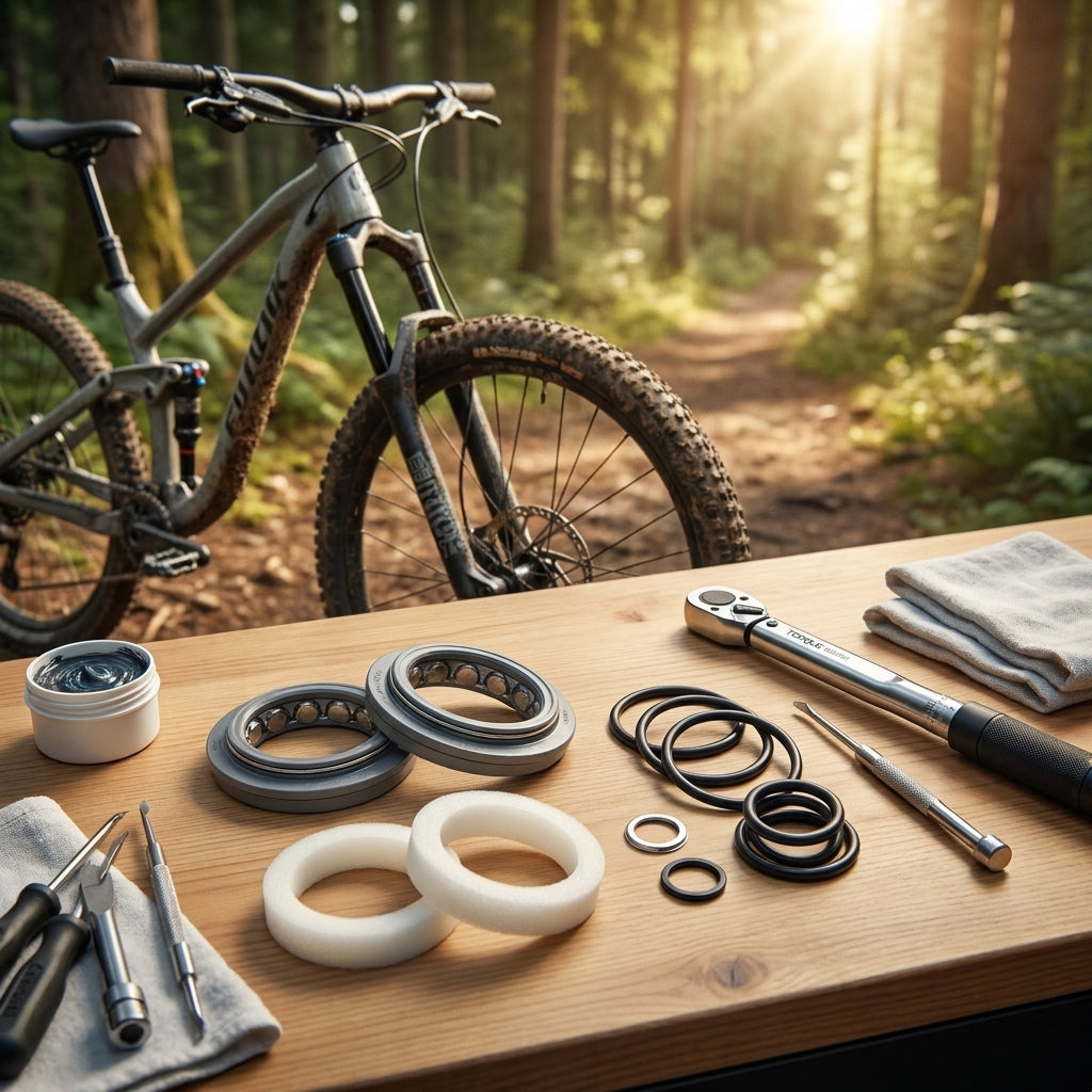 Rockshox Sektor RL Gabel Service Kit Basic mit Werkzeug und Mountainbike im Wald.