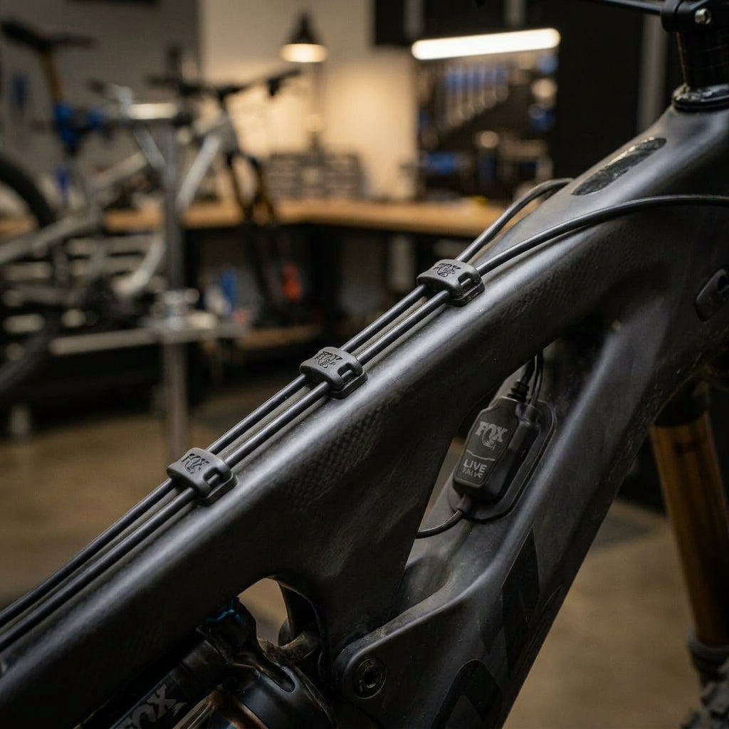 FOX Live Valve Kit für saubere, klapperfreie Kabelführung am MTB. Präzise Clips sichern Leitungen am Fahrradrahmen.