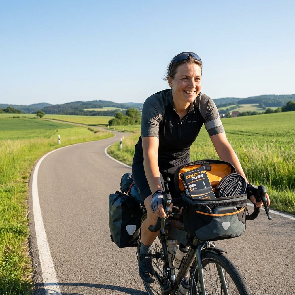 Radfahrerin mit Continental Schlauch Conti Tour 28 Wide Hermetic Plus im Fahrradkorb auf Landstraße.