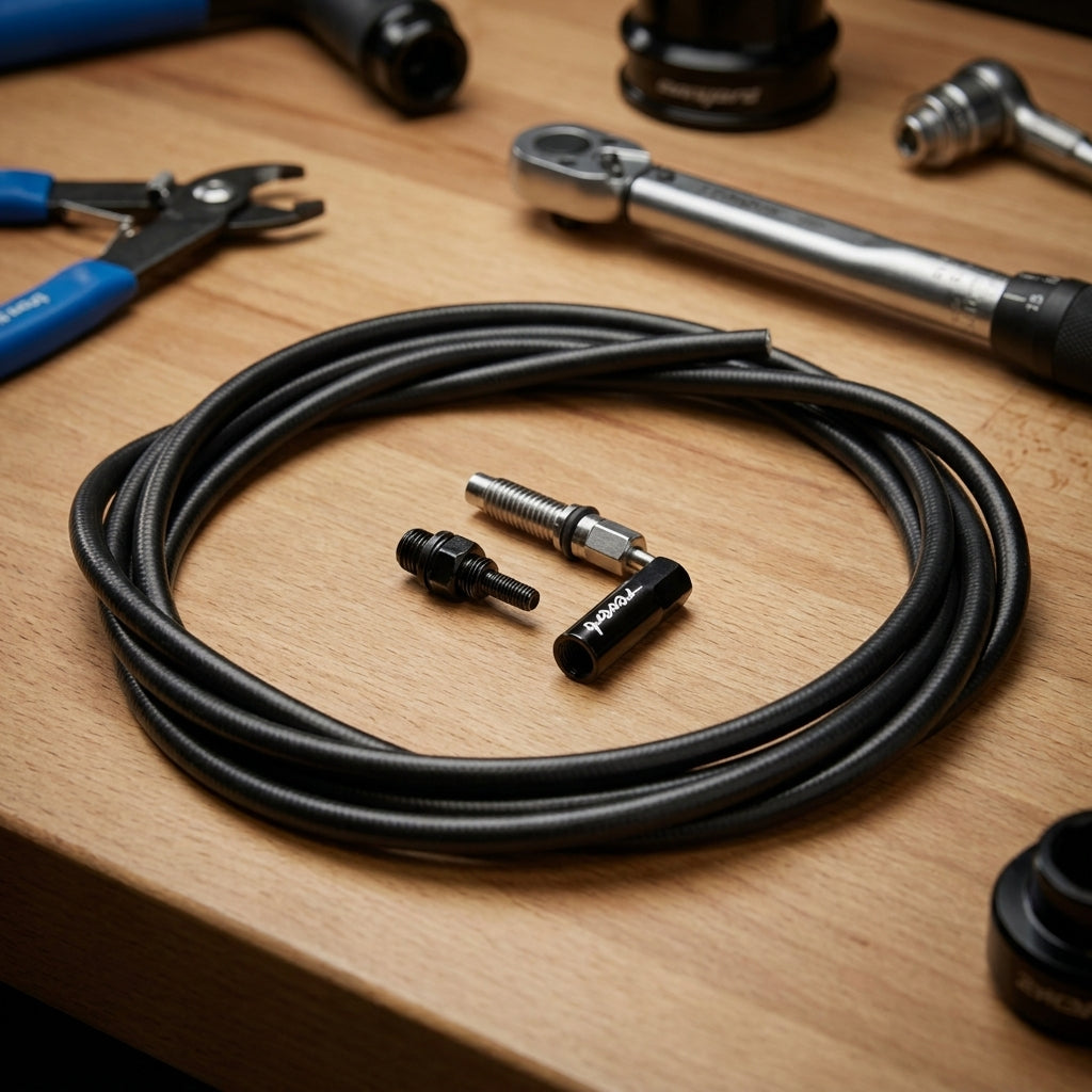 RockShox Reverb Hydraulik Hüllen Kit 11.6815.025.010, 2000mm Schlauch und Fittings auf Holztisch.