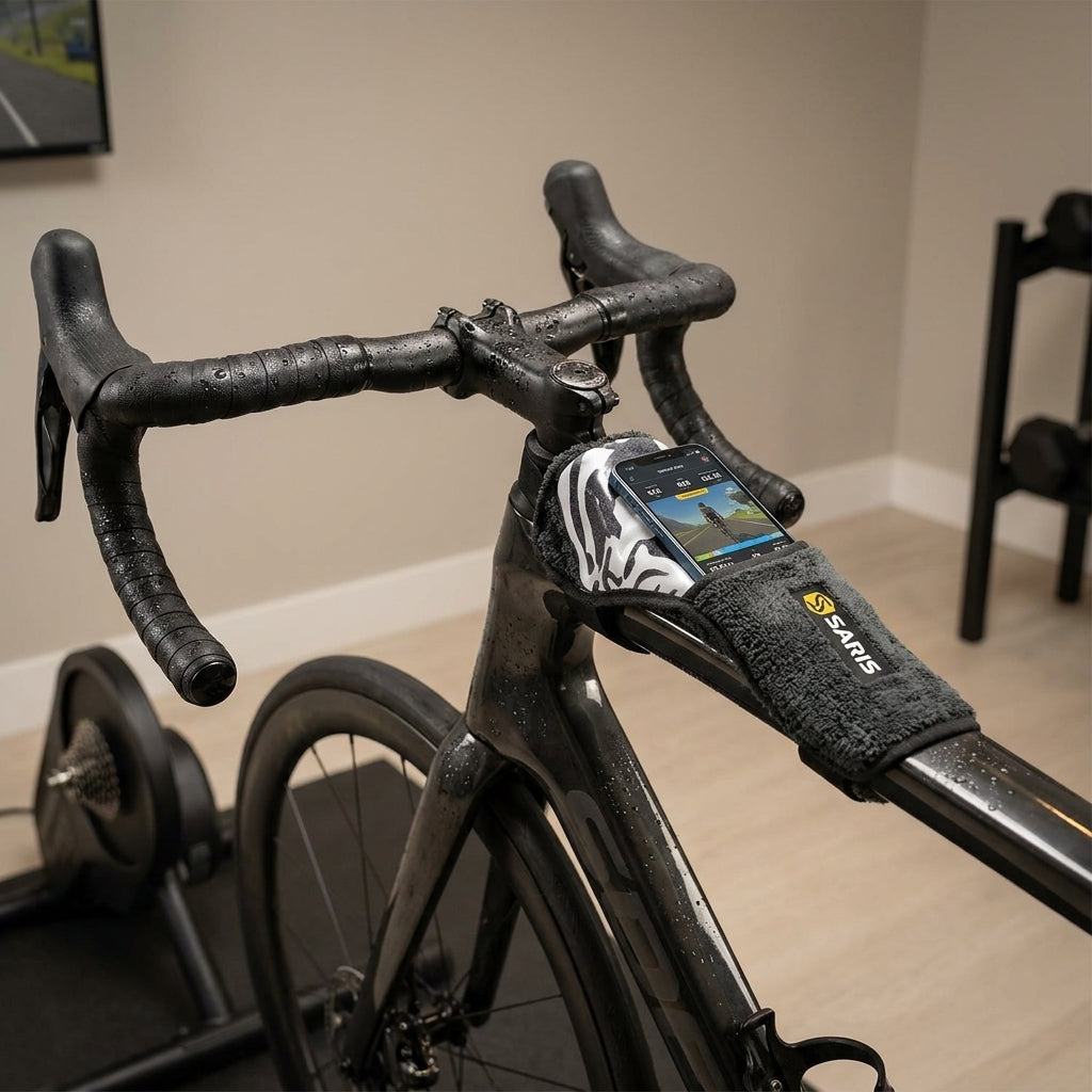 Saris Schweißfänger schwarz für Fahrradrahmen. Schützt vor Korrosion beim Indoor-Training. Praktische Smartphone-Taschen, waschbar.
