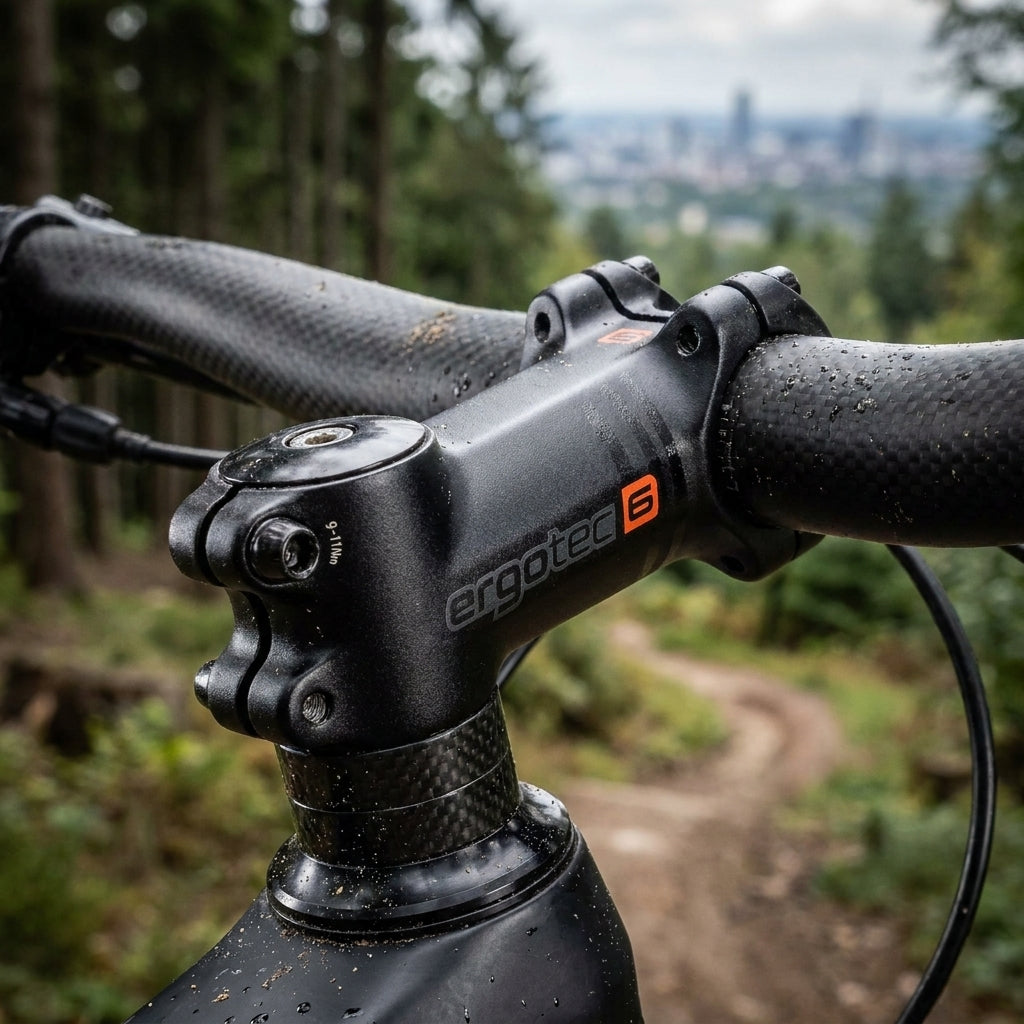 Ergotec AHEAD Vorbau High Piranha 2 31,8mm 110mm am Mountainbike auf Waldweg mit Stadt im Hintergrund.