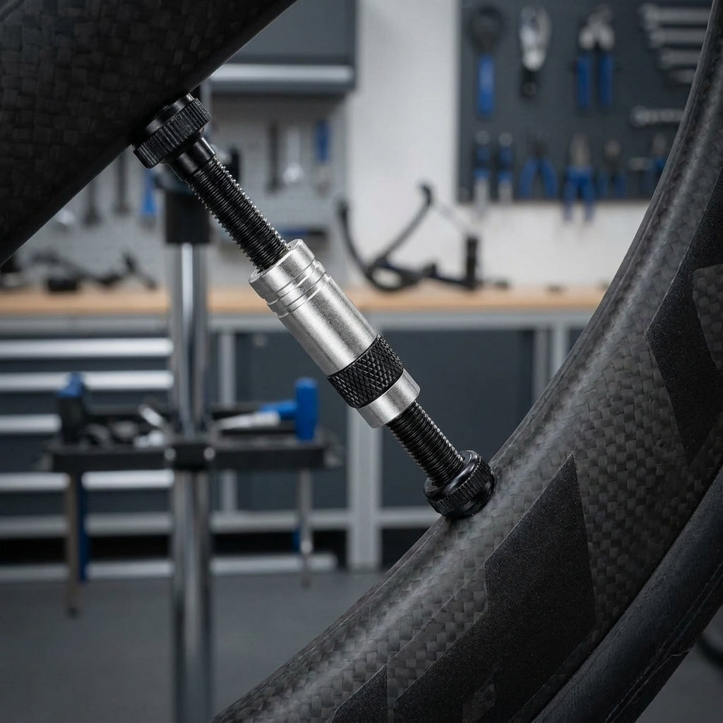 Nahaufnahme Continental Ventilverlängerung Alu 20mm an Carbon-Aero-Fahrradfelge im Werkstatt-Hintergrund.
