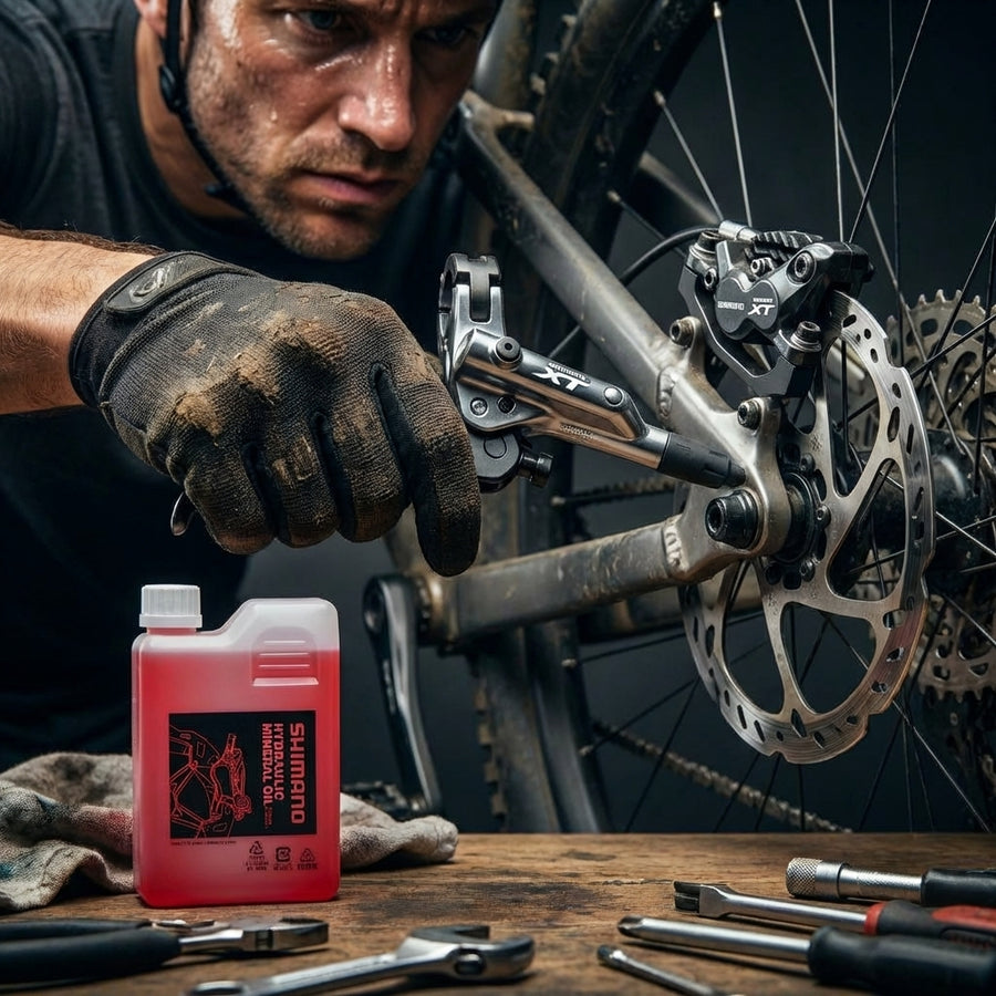 Original SHIMANO Mineralöl für Scheibenbremsen. Mann wartet Fahrrad-Bremse mit XT Komponenten und Bremsflüssigkeit.