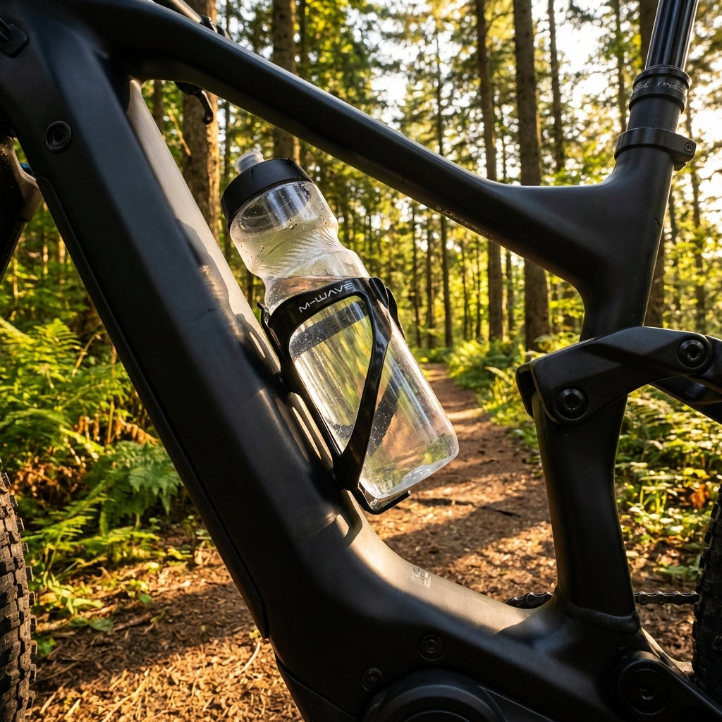 M-Wave Flaschenhalter BC 29 Side schwarz am E-Bike mit Trinkflasche im sonnigen Wald.
