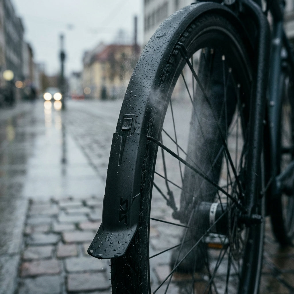 SKS Bluemels Style 28" Schutzblech schwarz matt am Fahrrad bei Regen auf Pflasterstein.