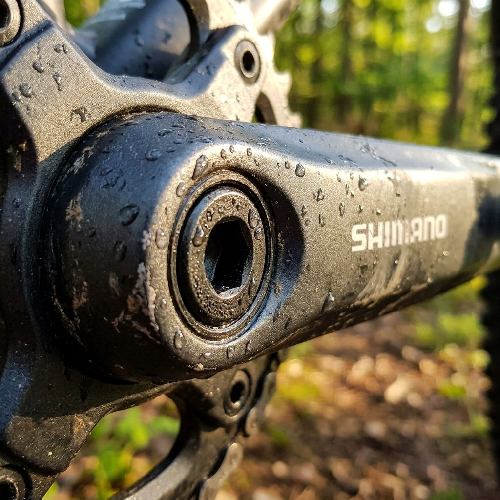 SHIMANO Klemmschraube M6x19 am Kurbelarm FC-M617 eines Mountainbikes, bedeckt mit Tautropfen.