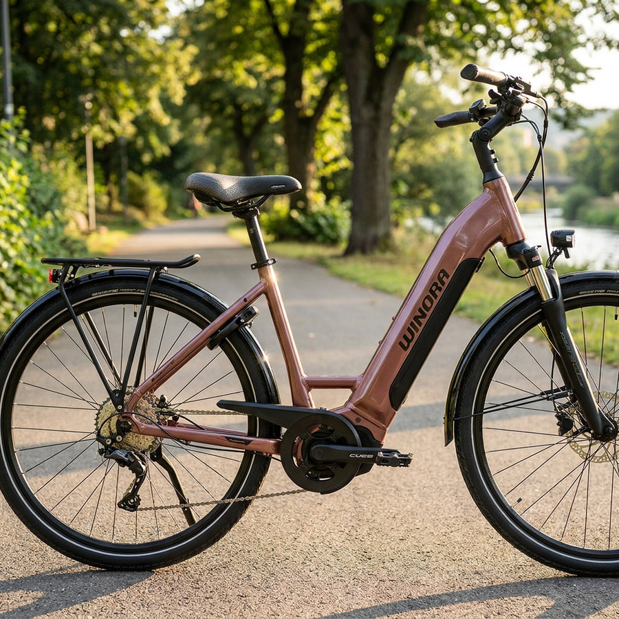 Winora TRIA X9 LOW E-Bike Tiefeinsteiger, 500Wh, 9-Gang, Brandied Pears. Komfortables City- und Tourenrad für Damen.