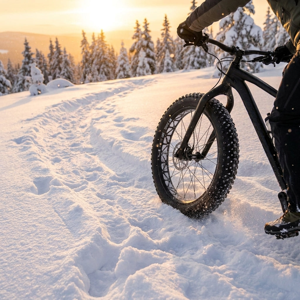 DT Swiss BR 2250 Classic Fatbike 26 Zoll Laufrad am Rad in tiefem Schnee bei Sonnenuntergang.